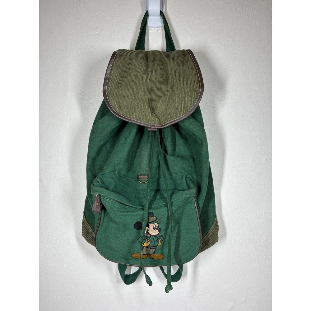 Vintage Mickey Disney Green Canvas Corduroy Backpack Embroidered 90s Y2K READ